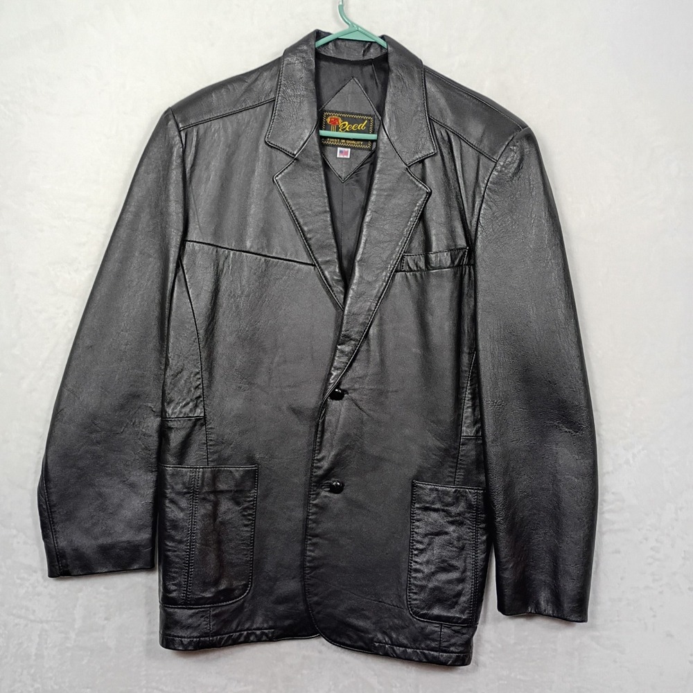 Reed Leather Blazer Mens 42 Black Vintage Two Button Coat  Work Wear Suit Jacket